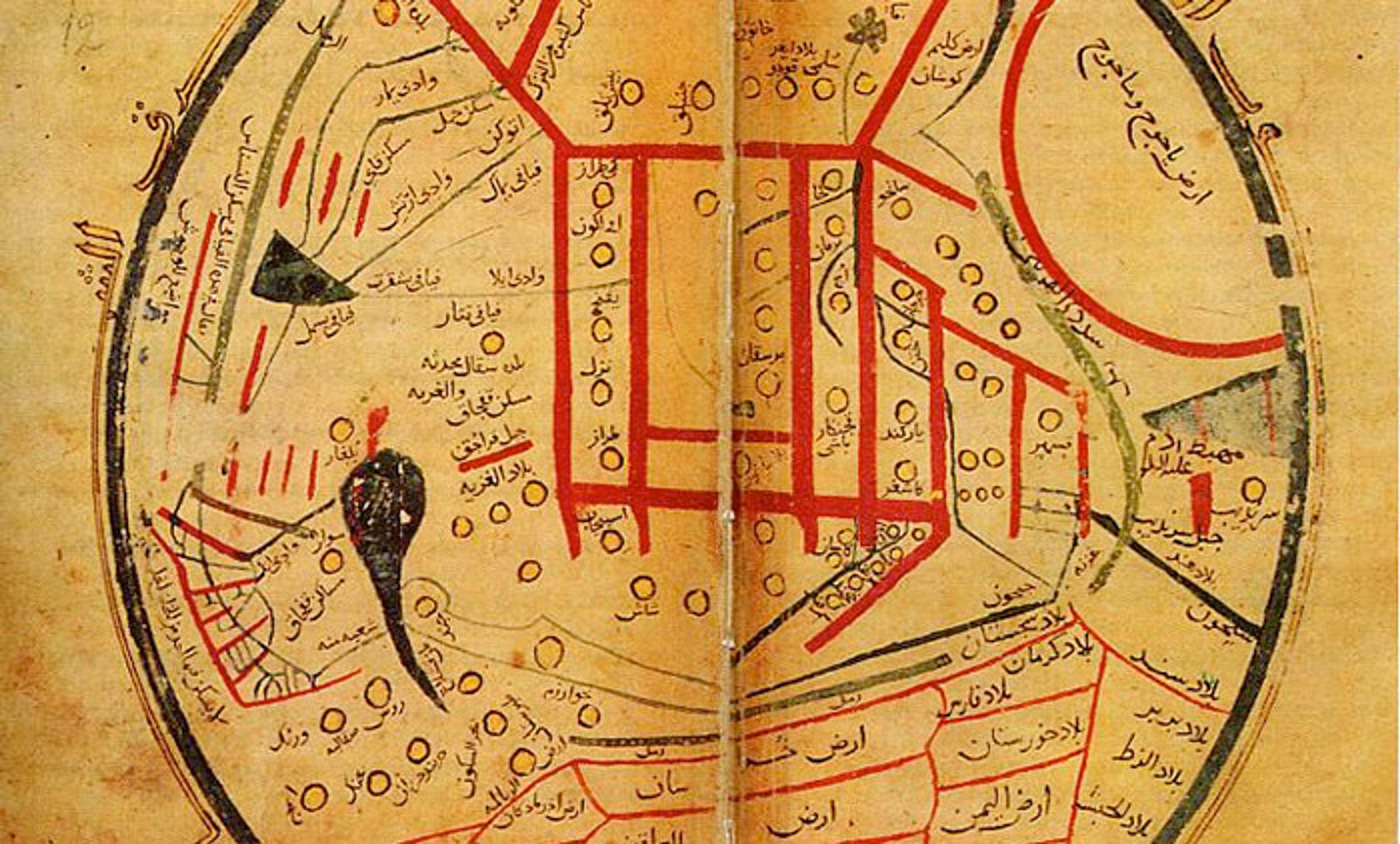 Medieval Arabic world map on parchment with Arabic text, circular design featuring various regions in red and black ink.