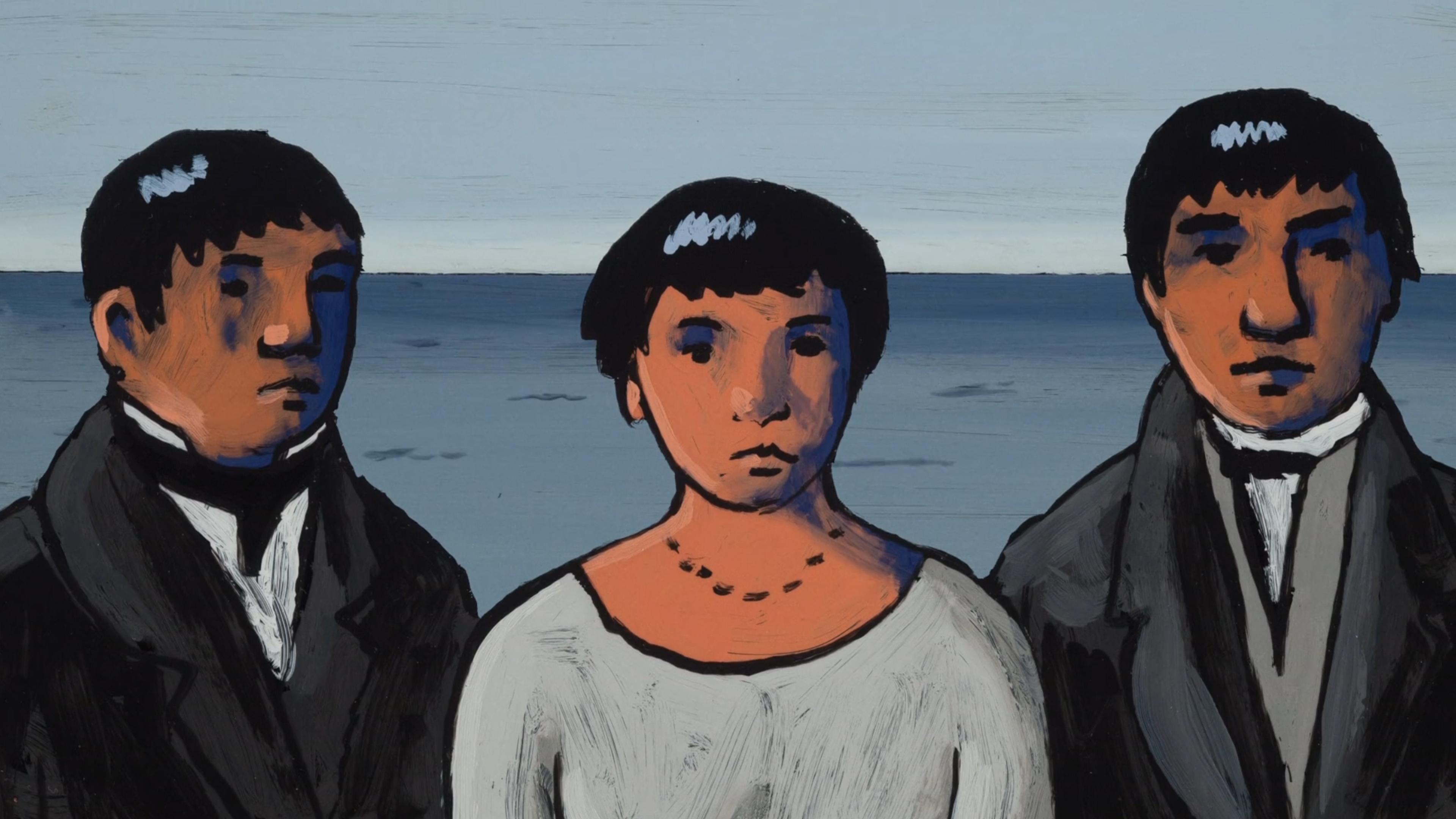 Painting of three people in formal attire with minimal facial features standing by the sea under a light blue sky.