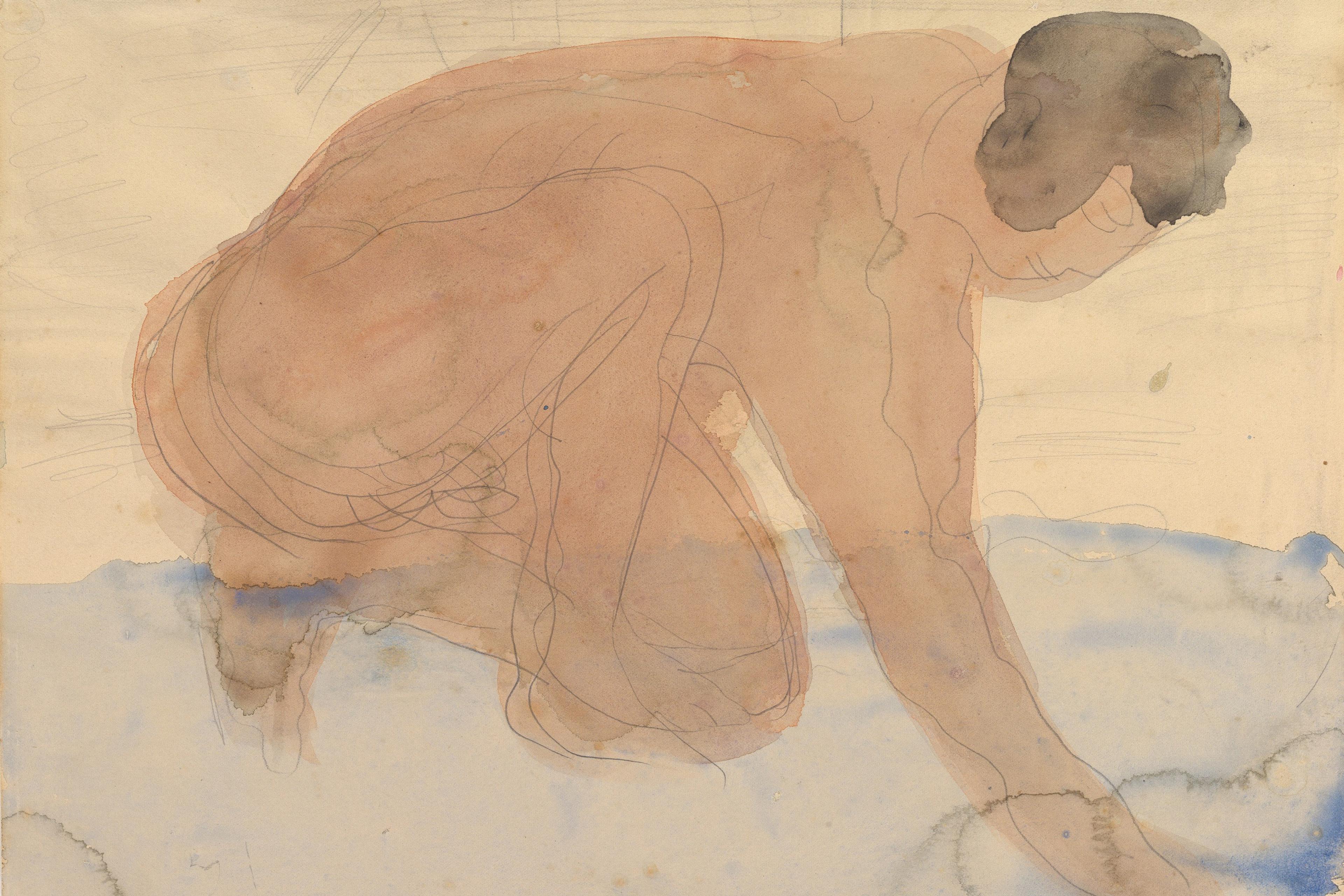 Watercolour painting of a person crouching, sketched with soft colours and lines, on a light background.