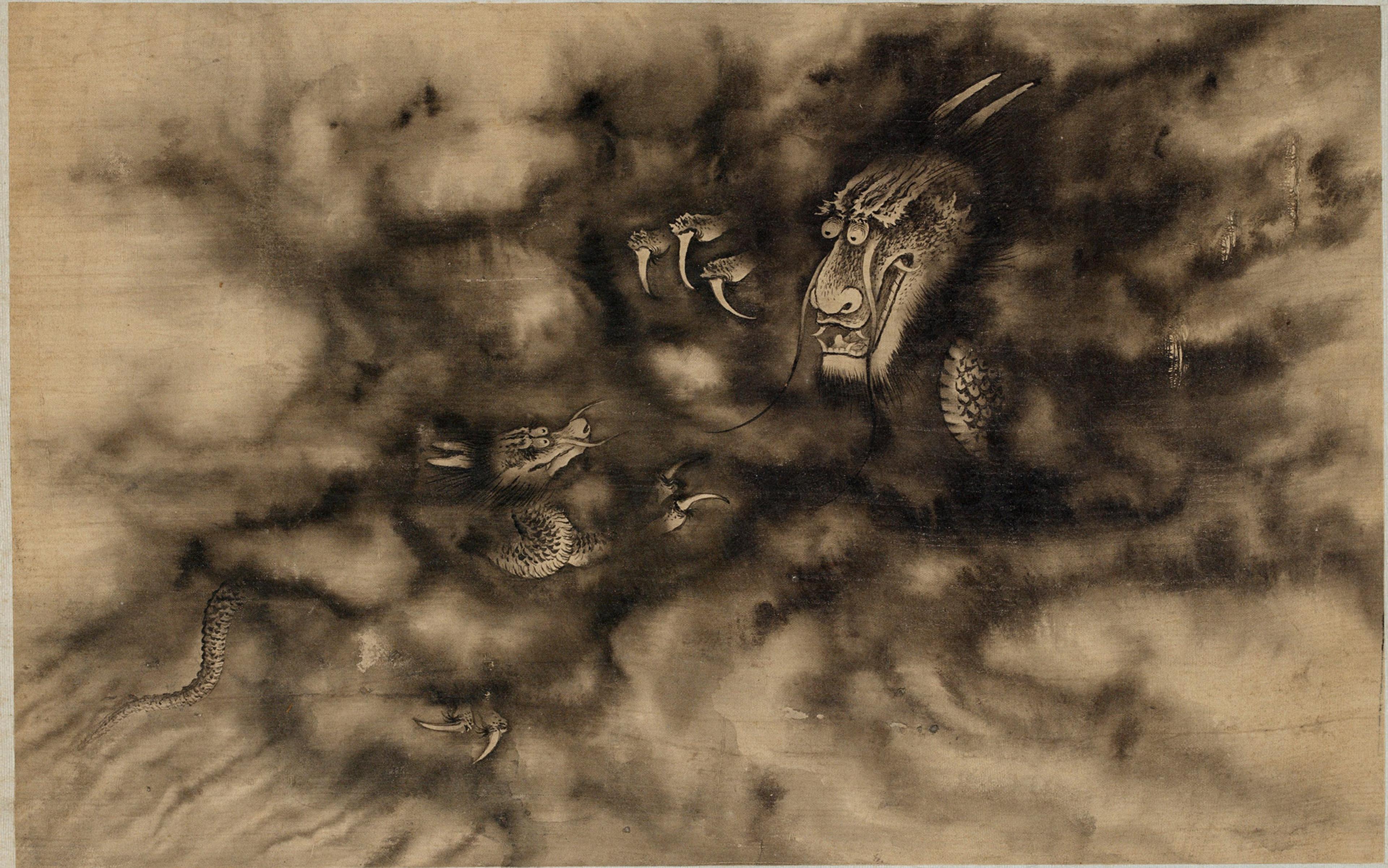 Ink wash painting of a dragon emerging from clouds, showing detailed dragon face, claws, and scales against a smoked, cloudy background.