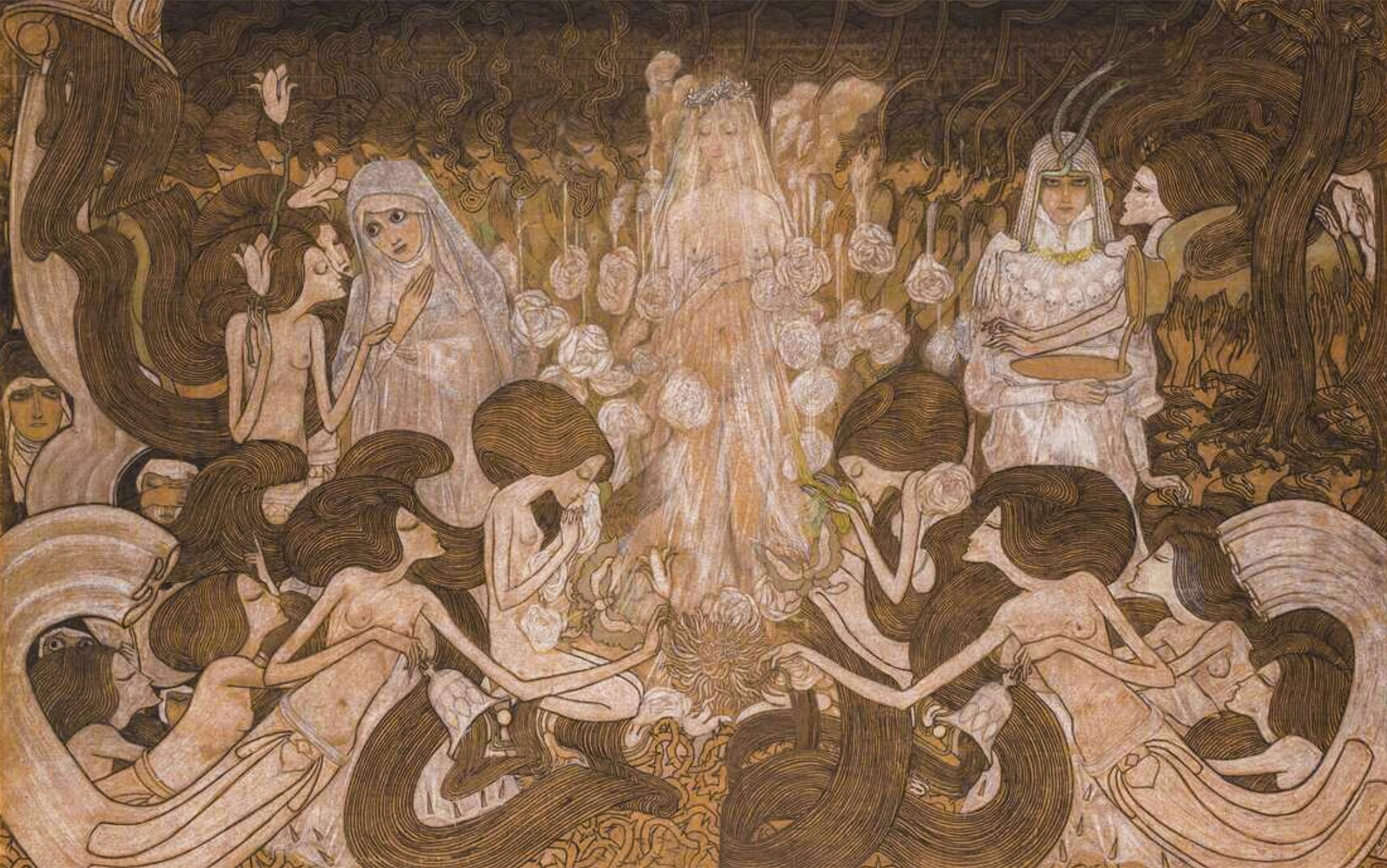 Intricate artwork of robed women with long, flowing hair in a forest, surrounding a glowing, veiled woman adorned with flowers.