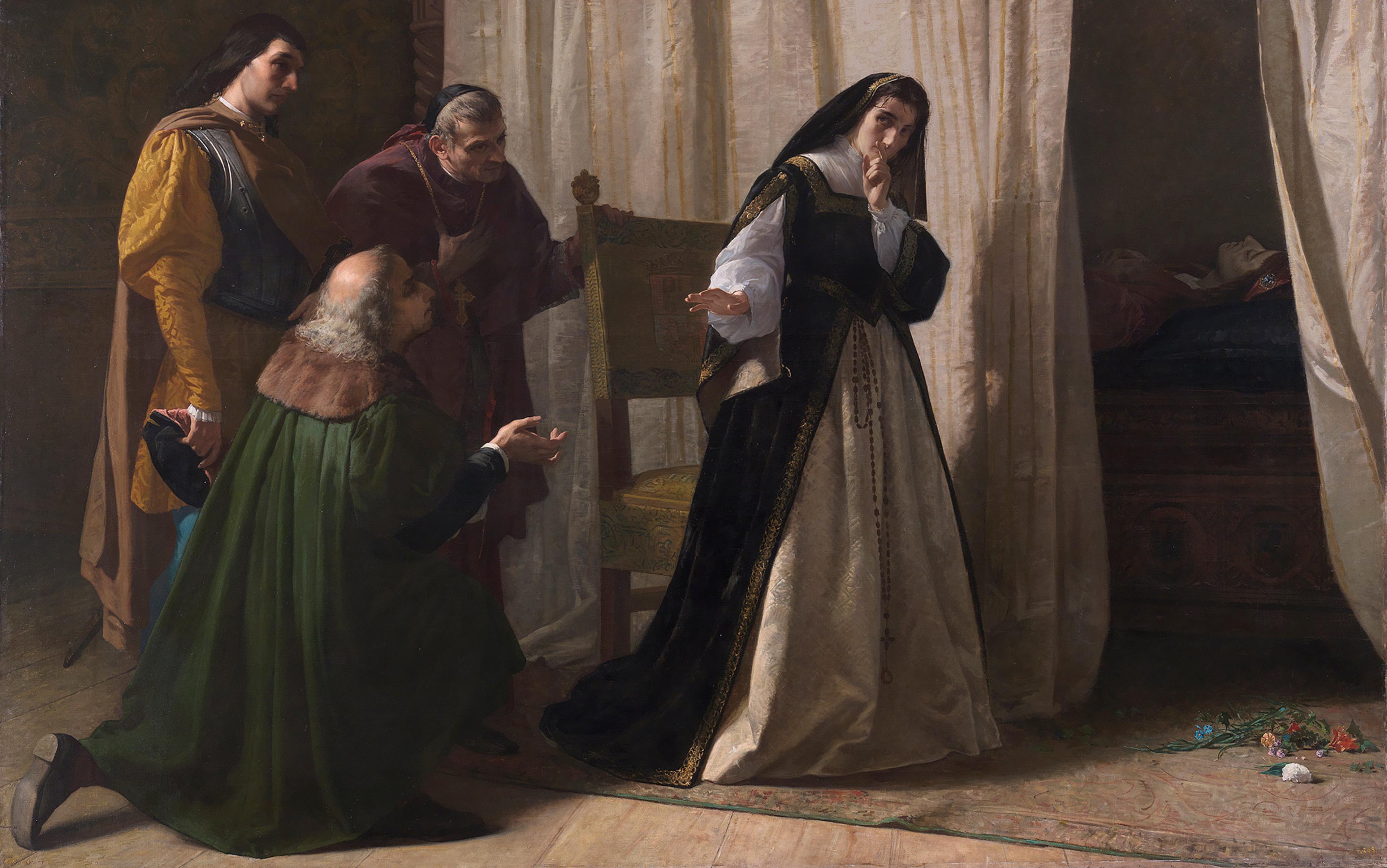 Painting of a woman in a black-and-white gown gesturing to three men, with a person lying on a bed behind a curtain in the background.