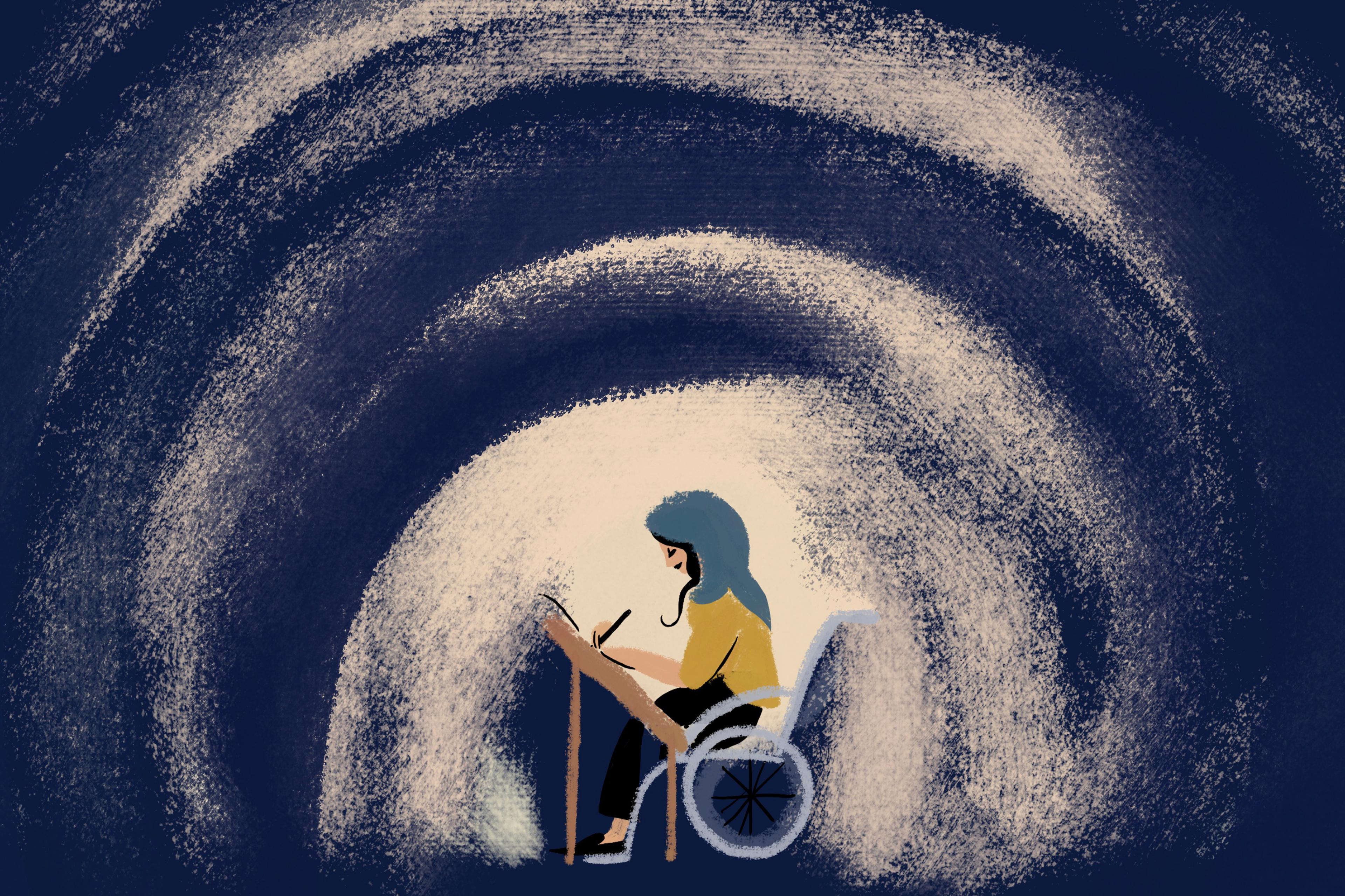 Illustration of a person in a wheelchair drawing at a desk, surrounded by swirling dark and light patterns.