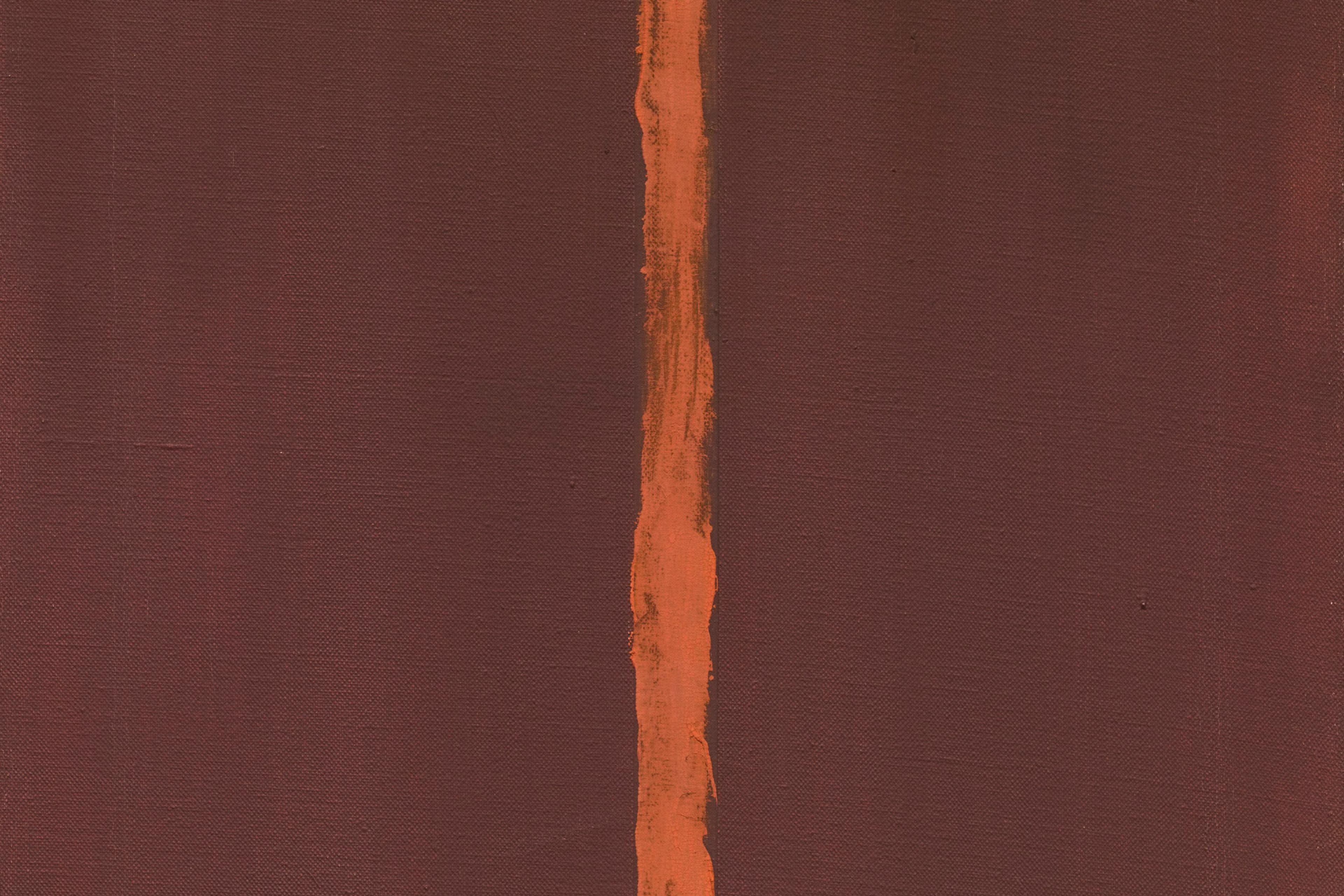 Abstract painting with a vertical orange stripe on a dark red background.