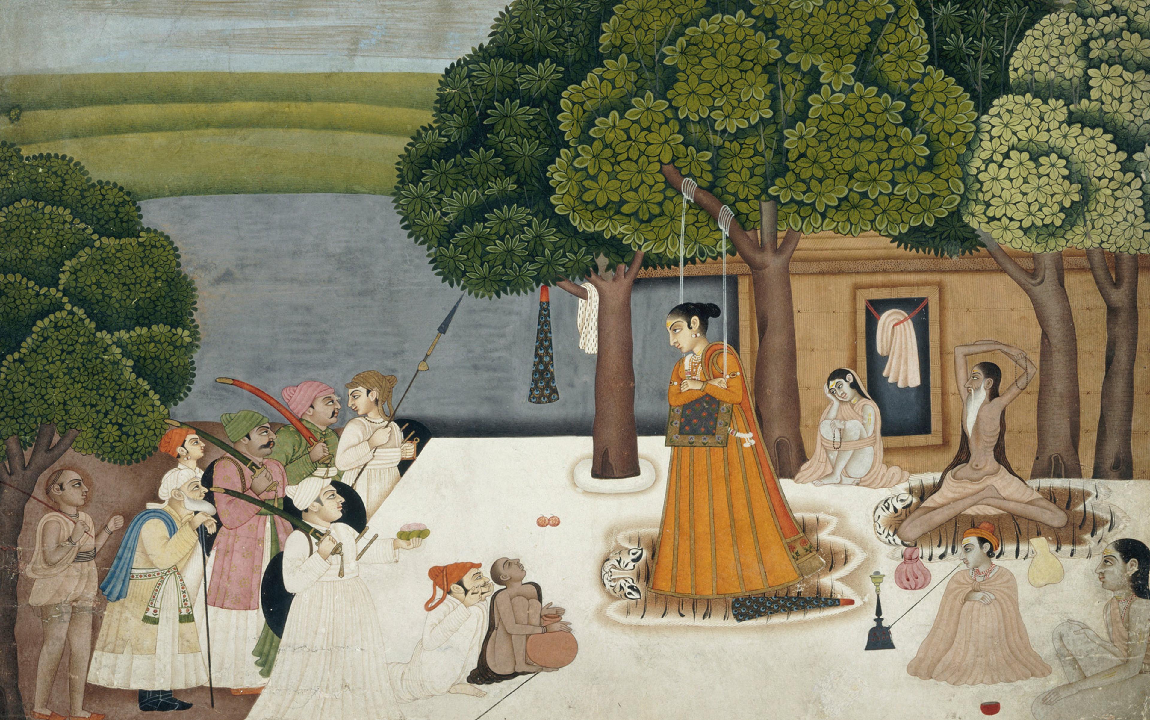Painting of a scene with men in traditional Indian attire visiting a woman standing beside a river, surrounded by trees and a building in the background.
