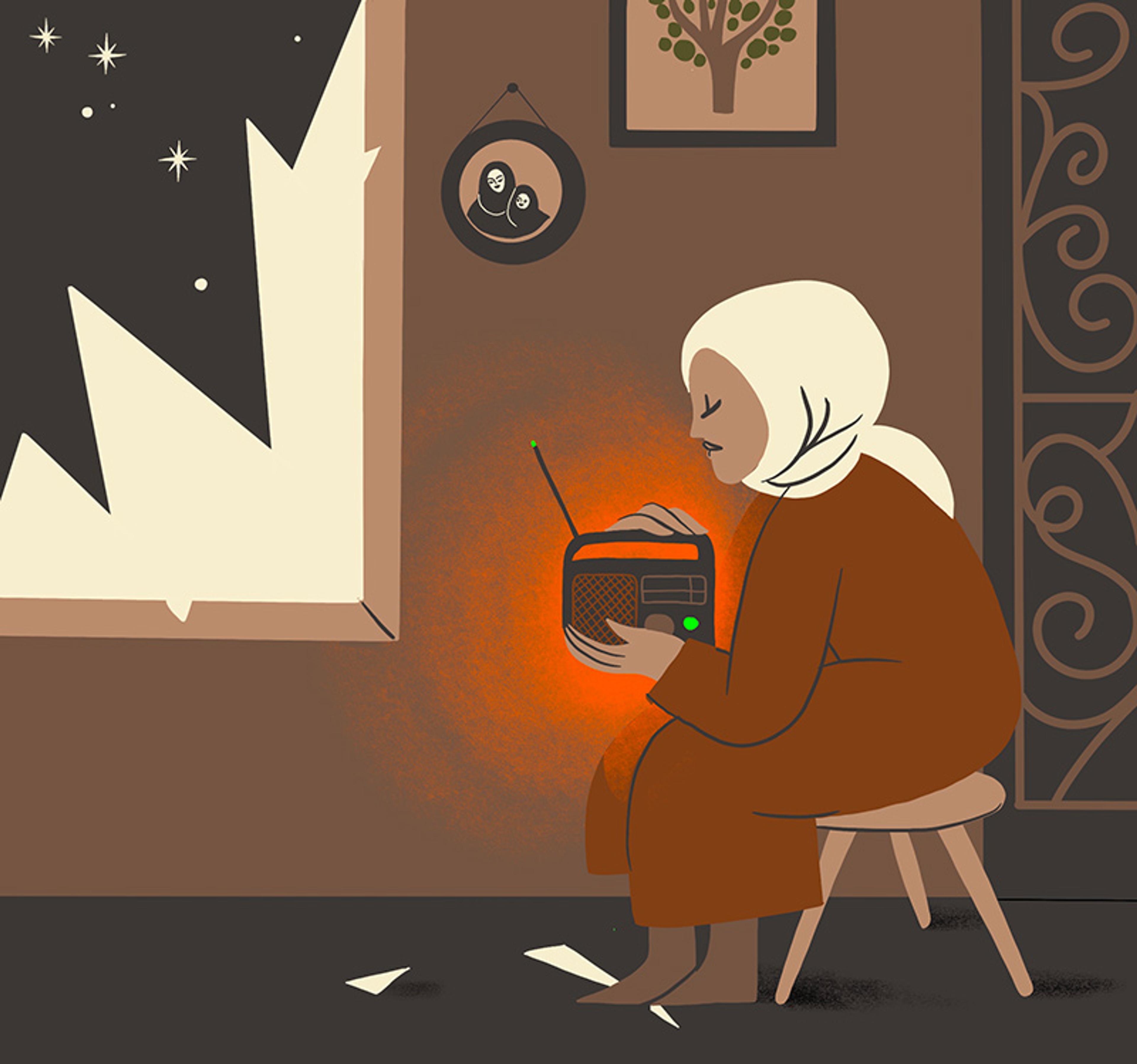 Illustration of a woman in a headscarf sitting indoors holding a glowing radio near a broken window with stars outside.