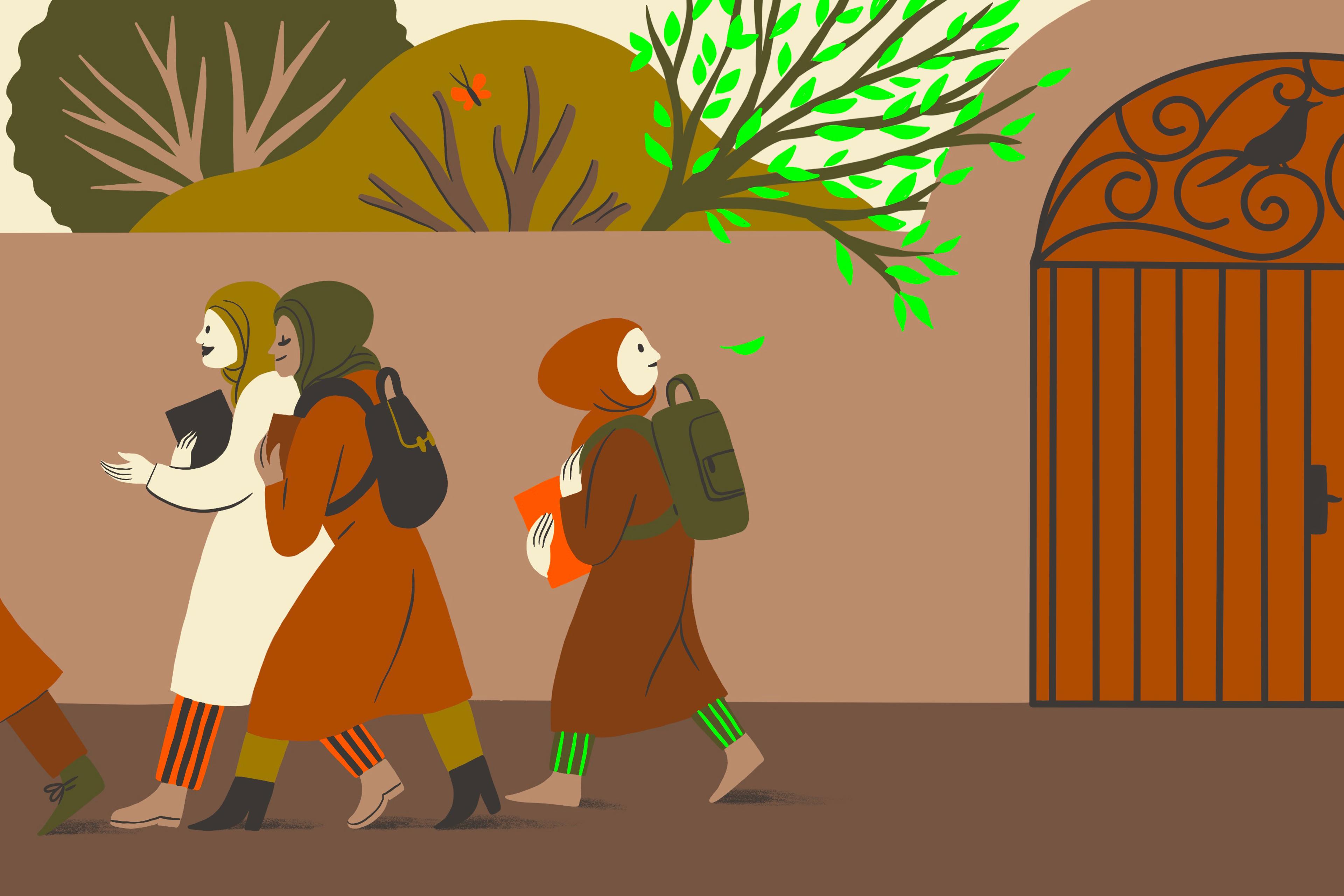 Illustration of three people wearing headscarves walking along a wall carrying books and backpacks with trees and a decorative gate in the background.