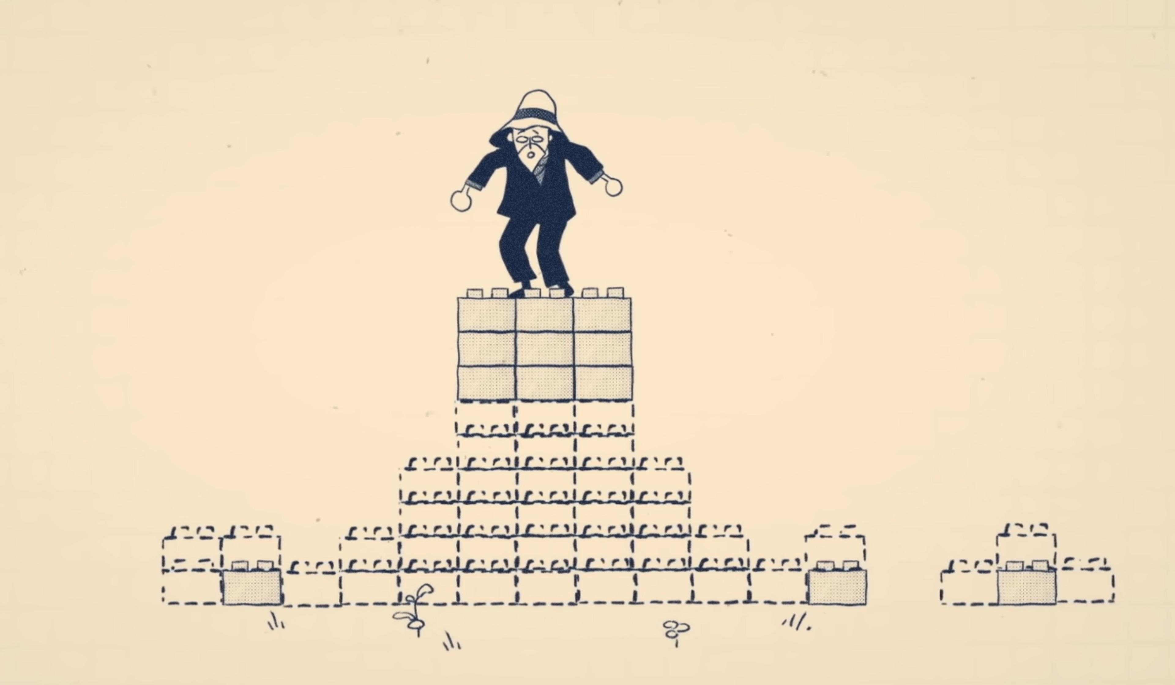Illustration of a person standing on top of a pyramid made from large bricks, with small plants growing around the structure.