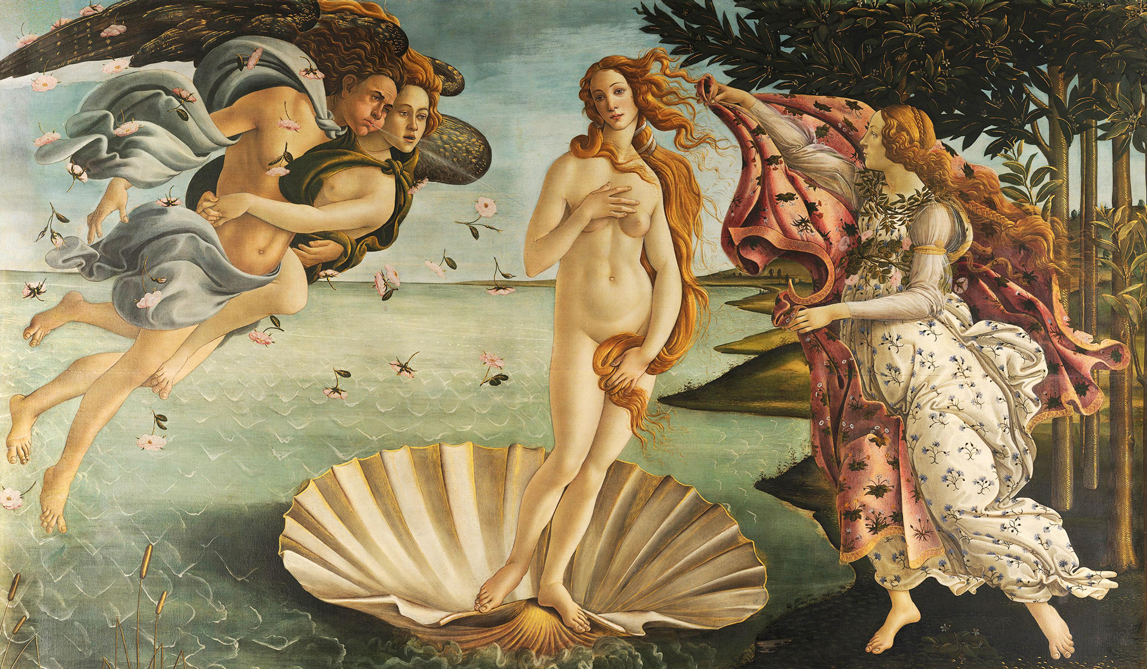Painting of a nude woman standing on a seashell, with two figures blowing wind from the left and a woman offering a cloak on the right.