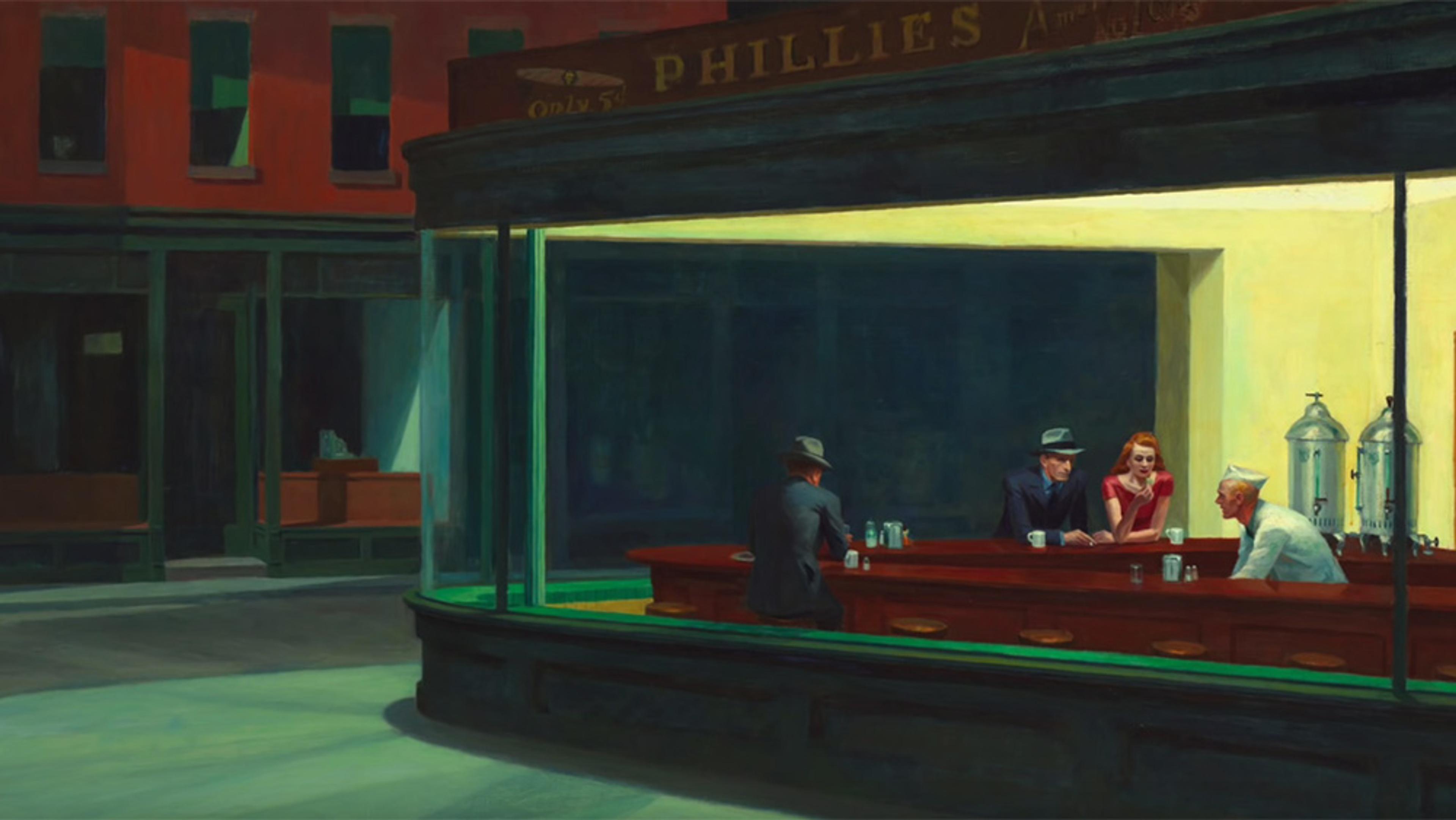 Painting of a dimly lit diner at night with four people, three customers and a server, visible through large glass windows.