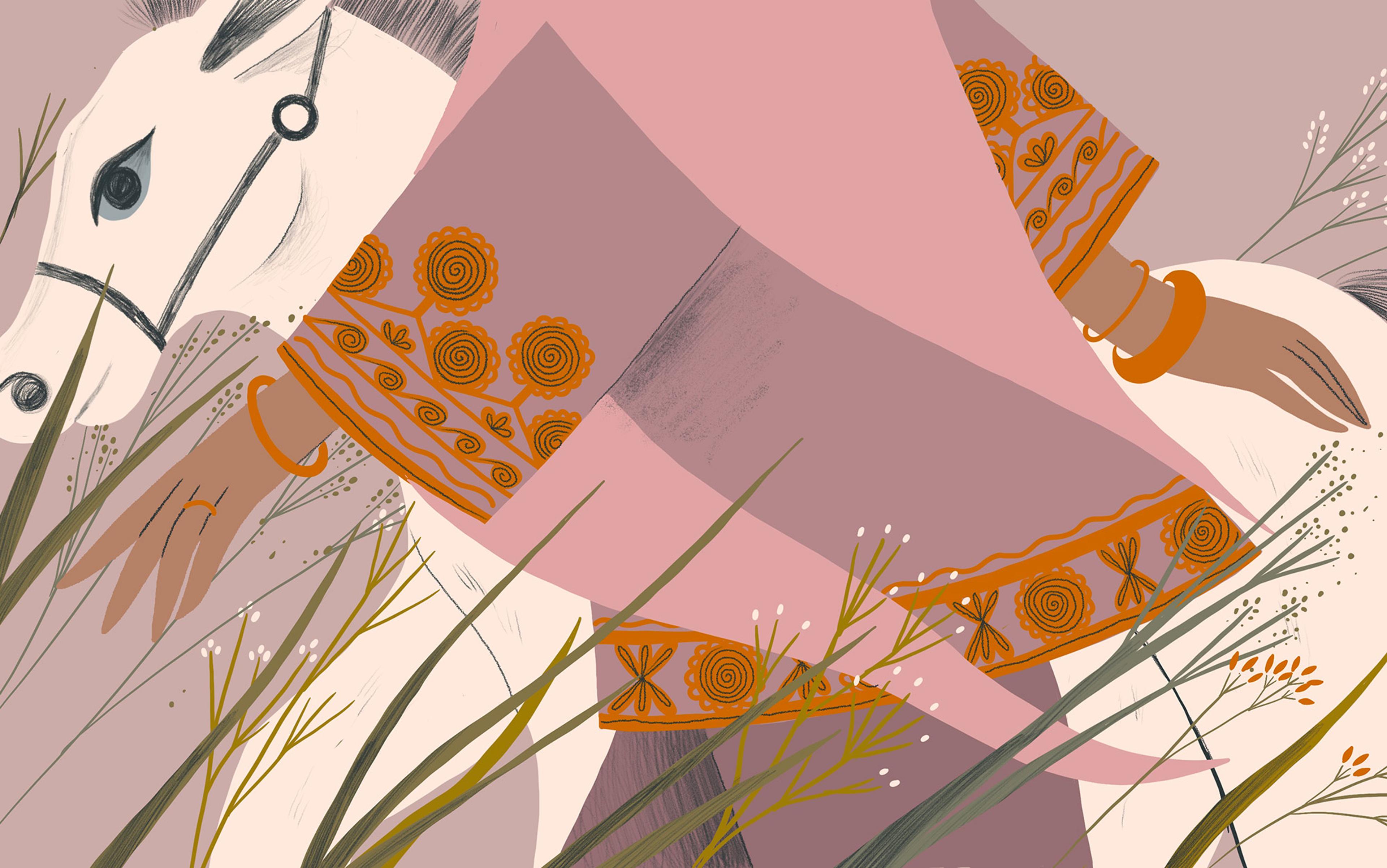 Cropped illustration of a person in a pink robe with orange patterns walking beside a horse, surrounded by grass and flowers.