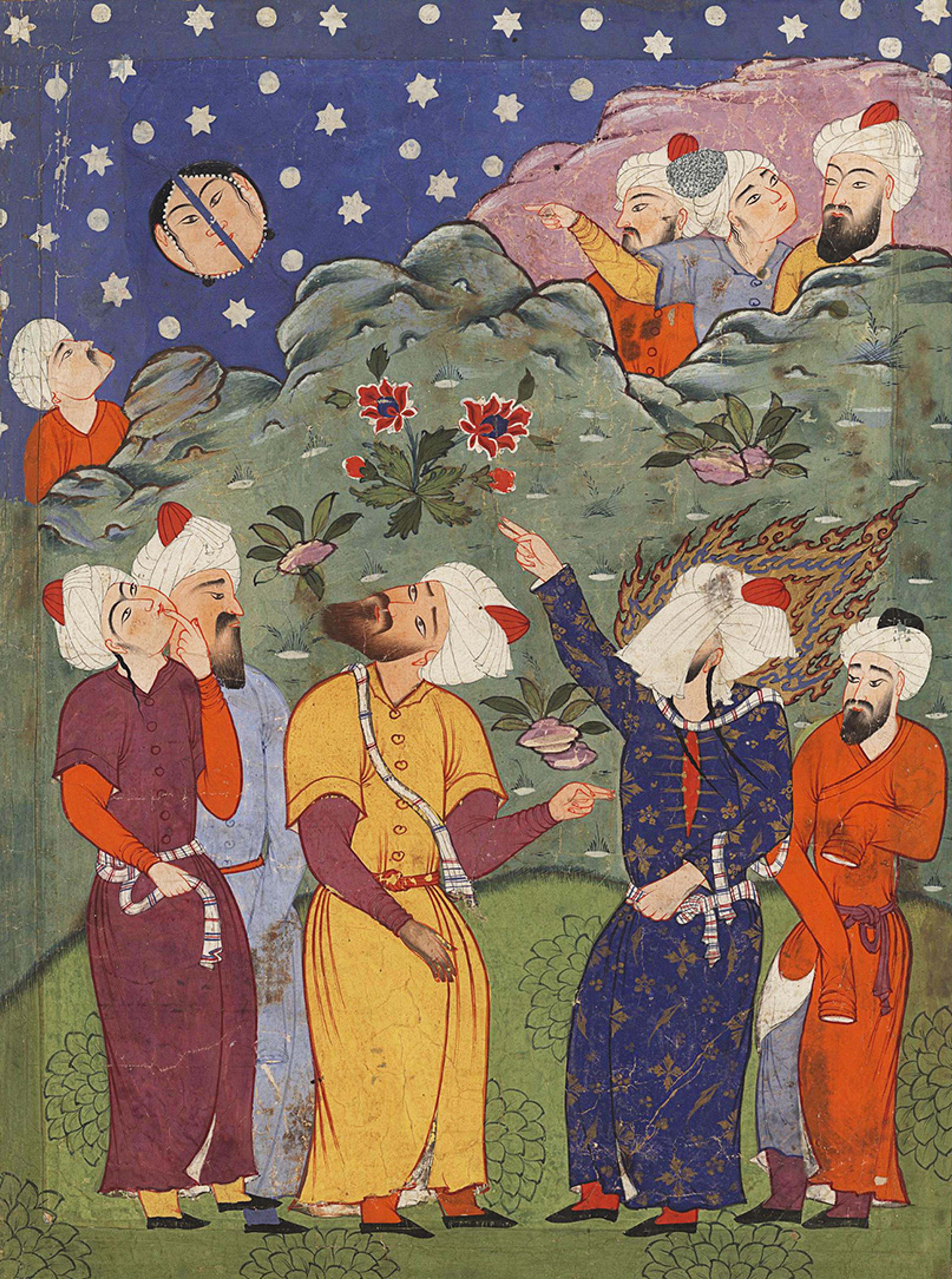 Ancient Persian painting of men in turbans pointing at the sky with a split moon, set against a starry night background.