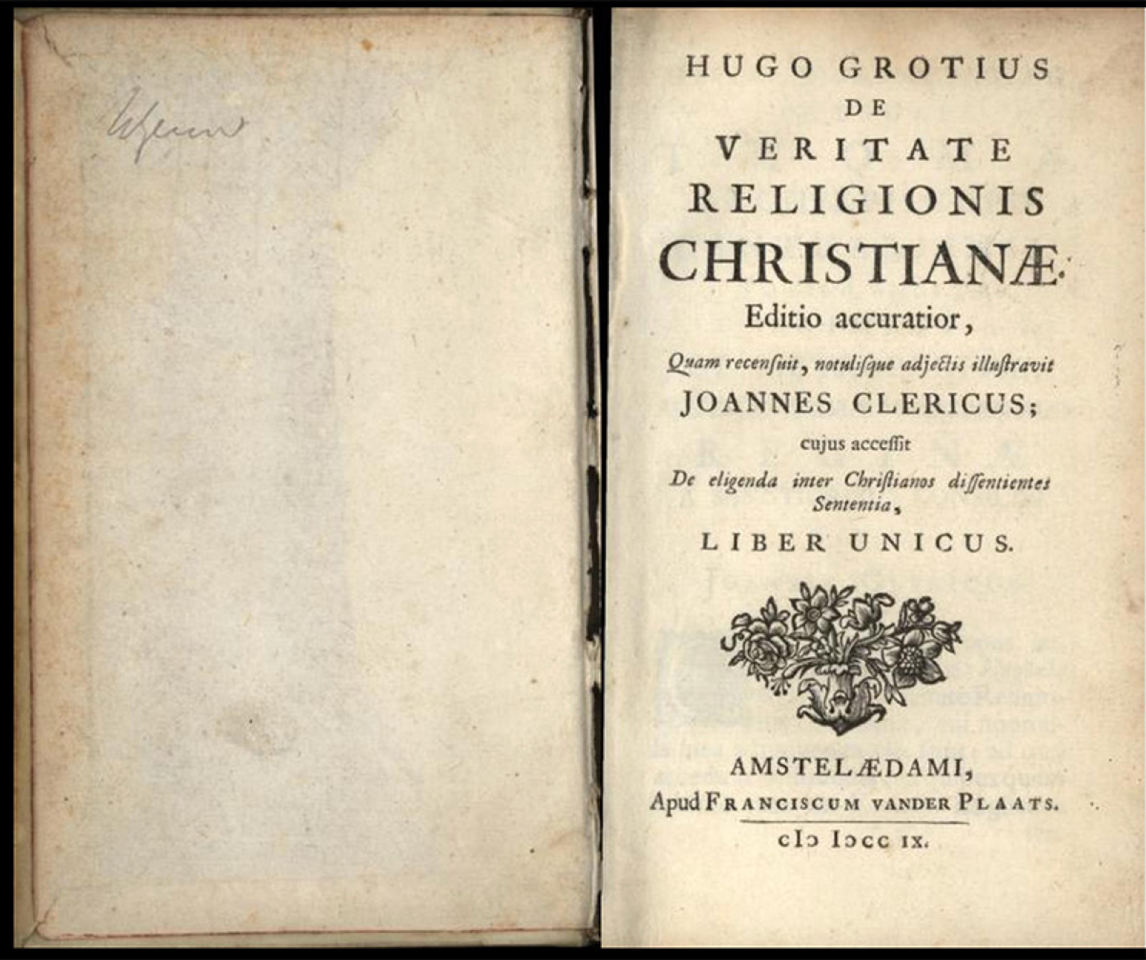 Title page of a historical book by Hugo Grotius, “De Veritate Religionis Christianae,” published in 1709, featuring Gothic text.