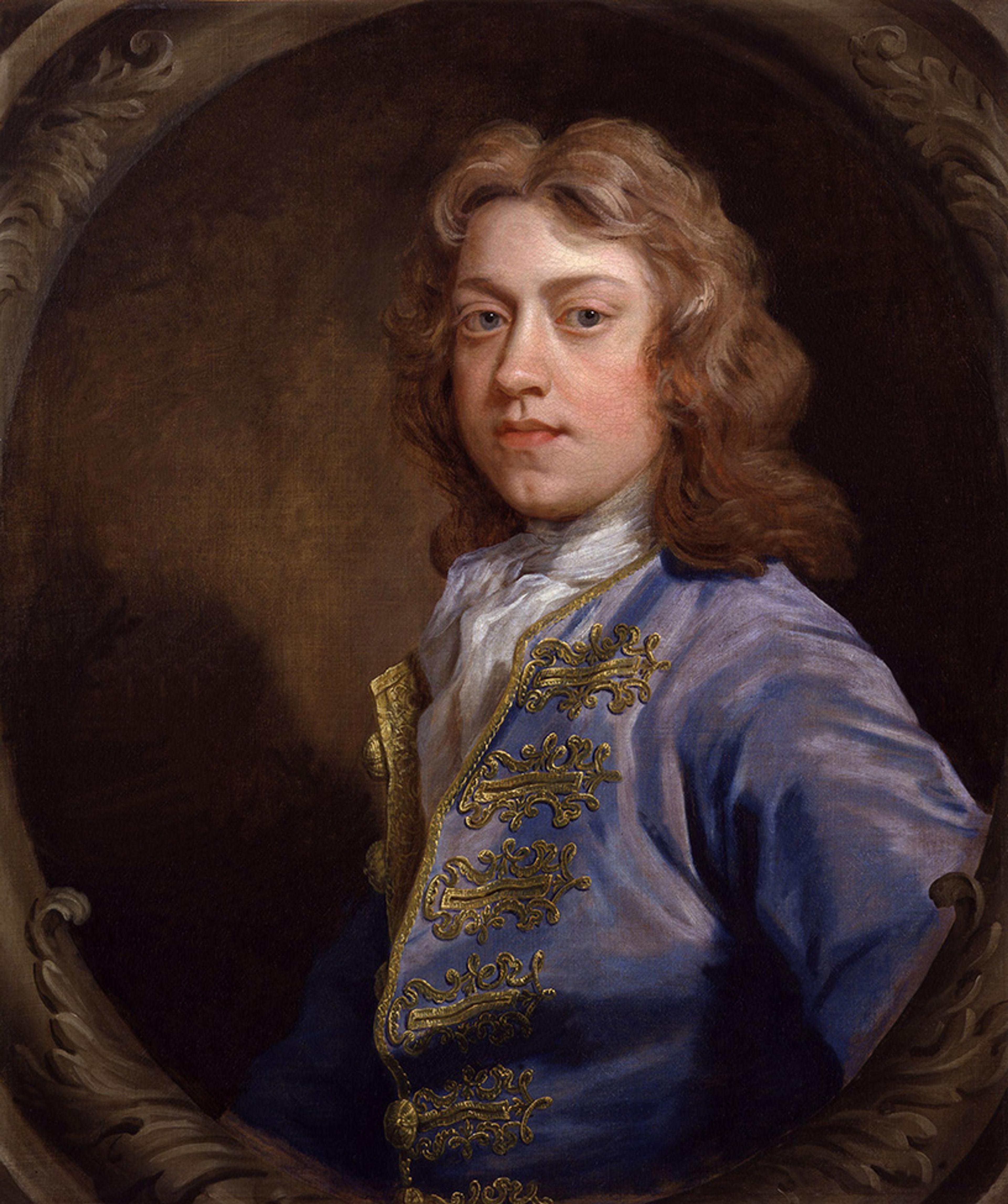 A painted portrait of a young man in ornate blue clothing with long hair set in an oval frame.