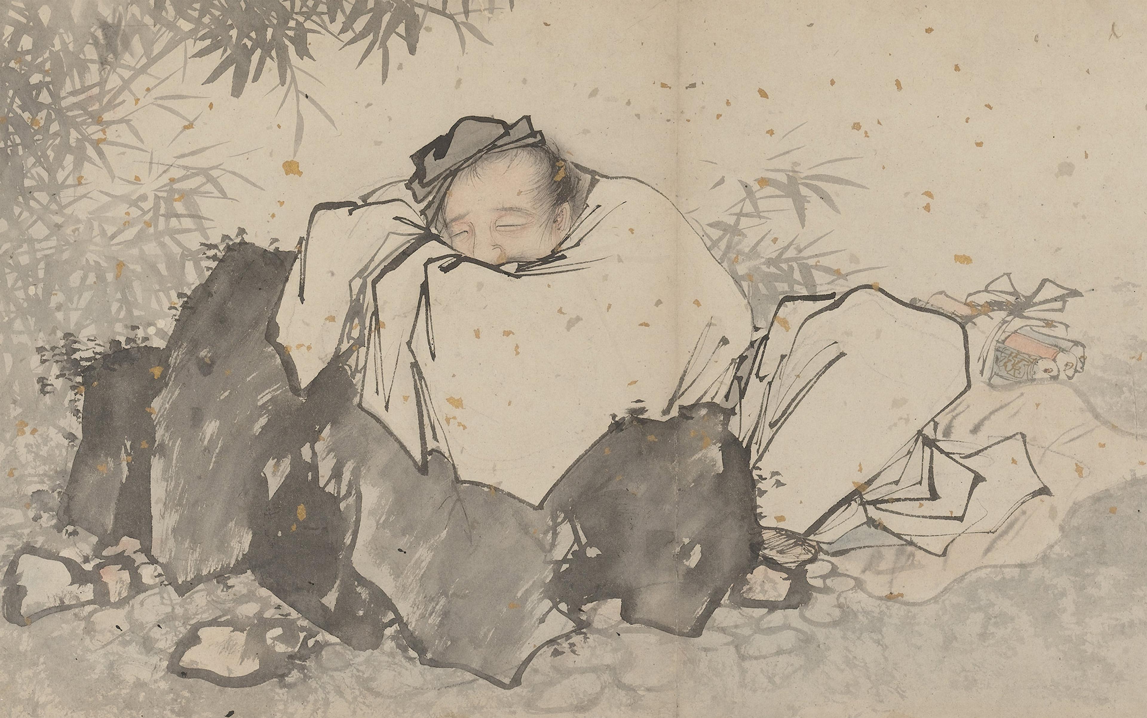 Watercolour painting of a man sitting with folded legs and eyes closed next to a few rocks and bamboo in the background.