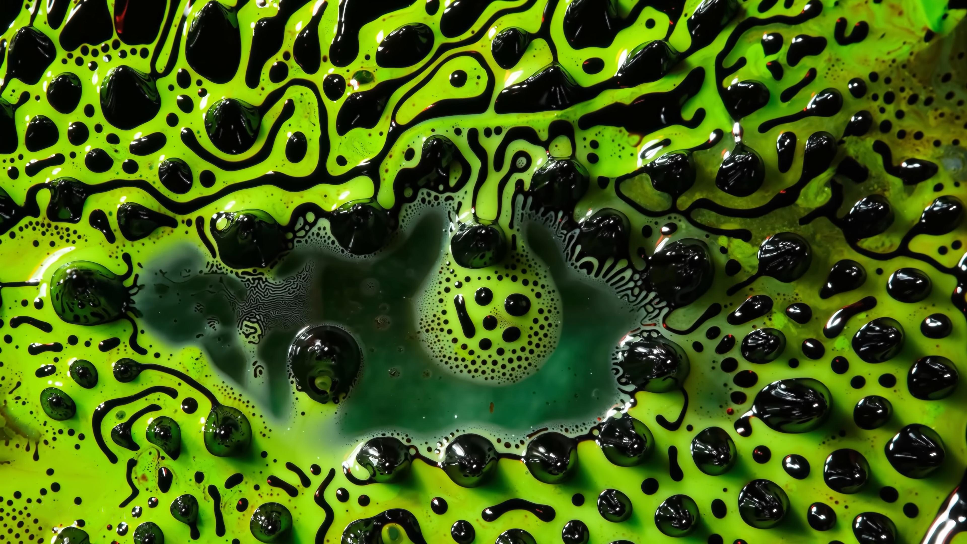 Abstract organic matter with black circular patterns on a vibrant green background featuring various shapes and textures.
