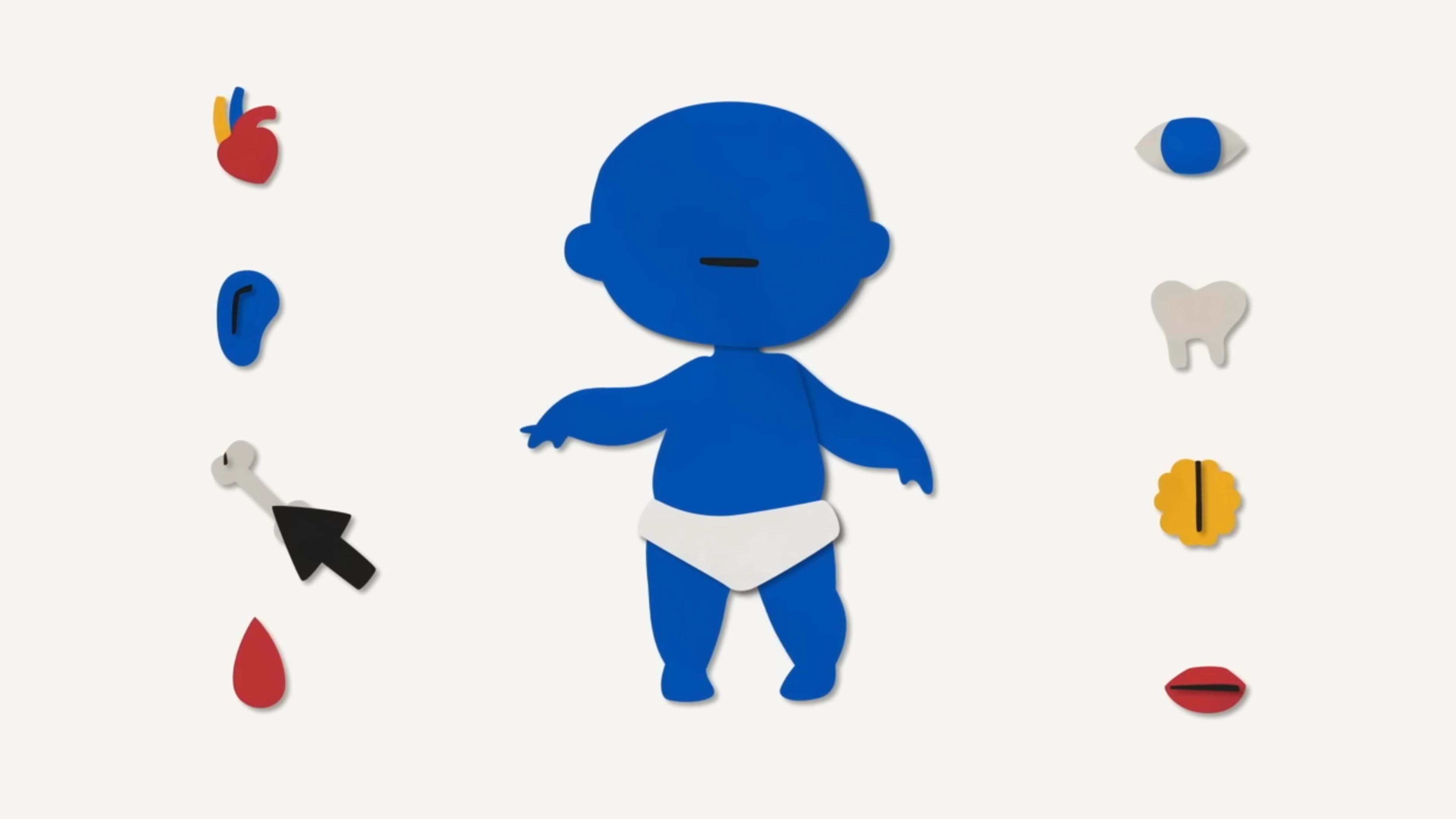 Illustration of a blue baby with symbols of heart, ear, bone, eye, tooth, brain, and lips around it on a white background.