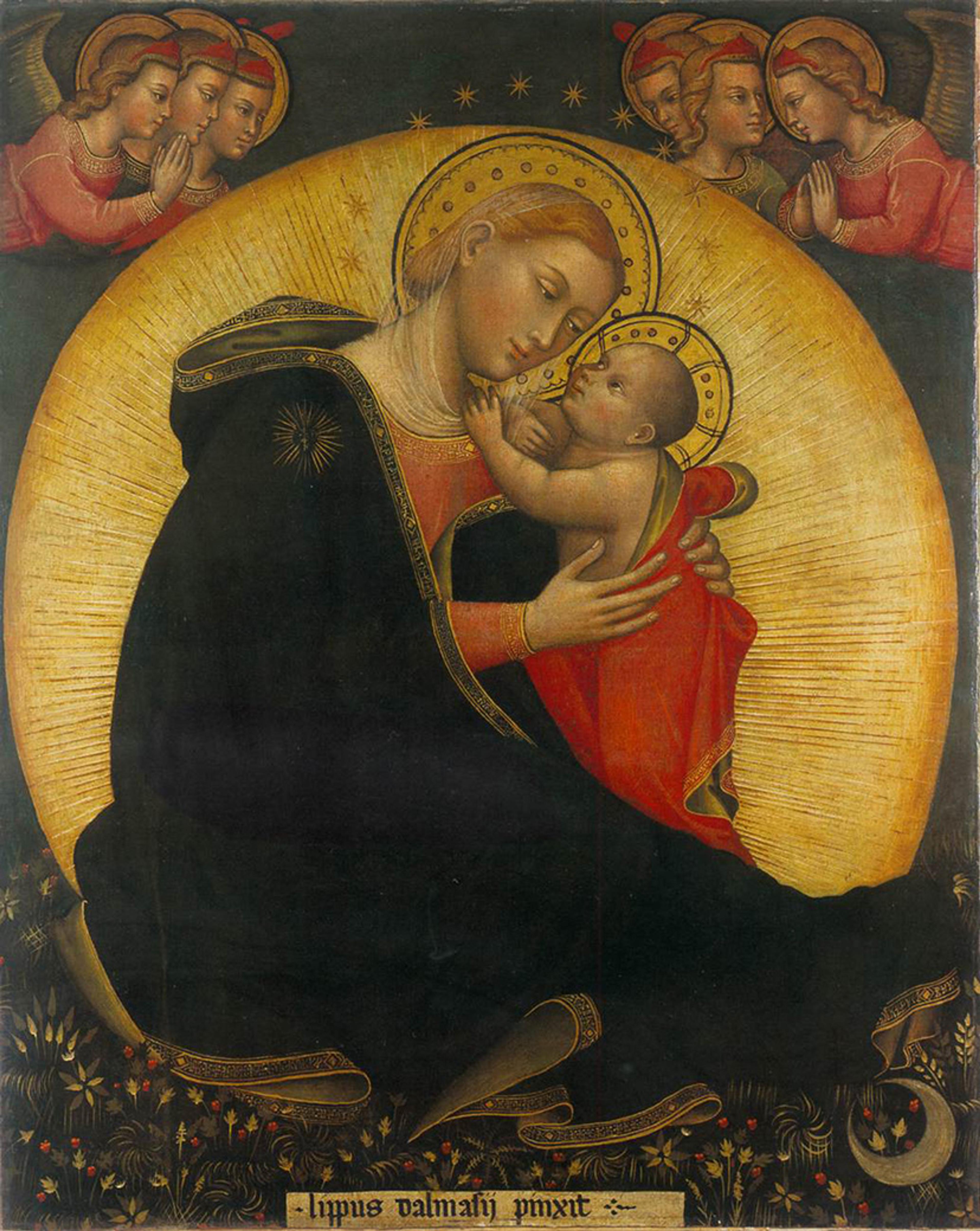 A painting of a haloed Madonna and Child with angels, featuring gold detailing and traditional medieval style.