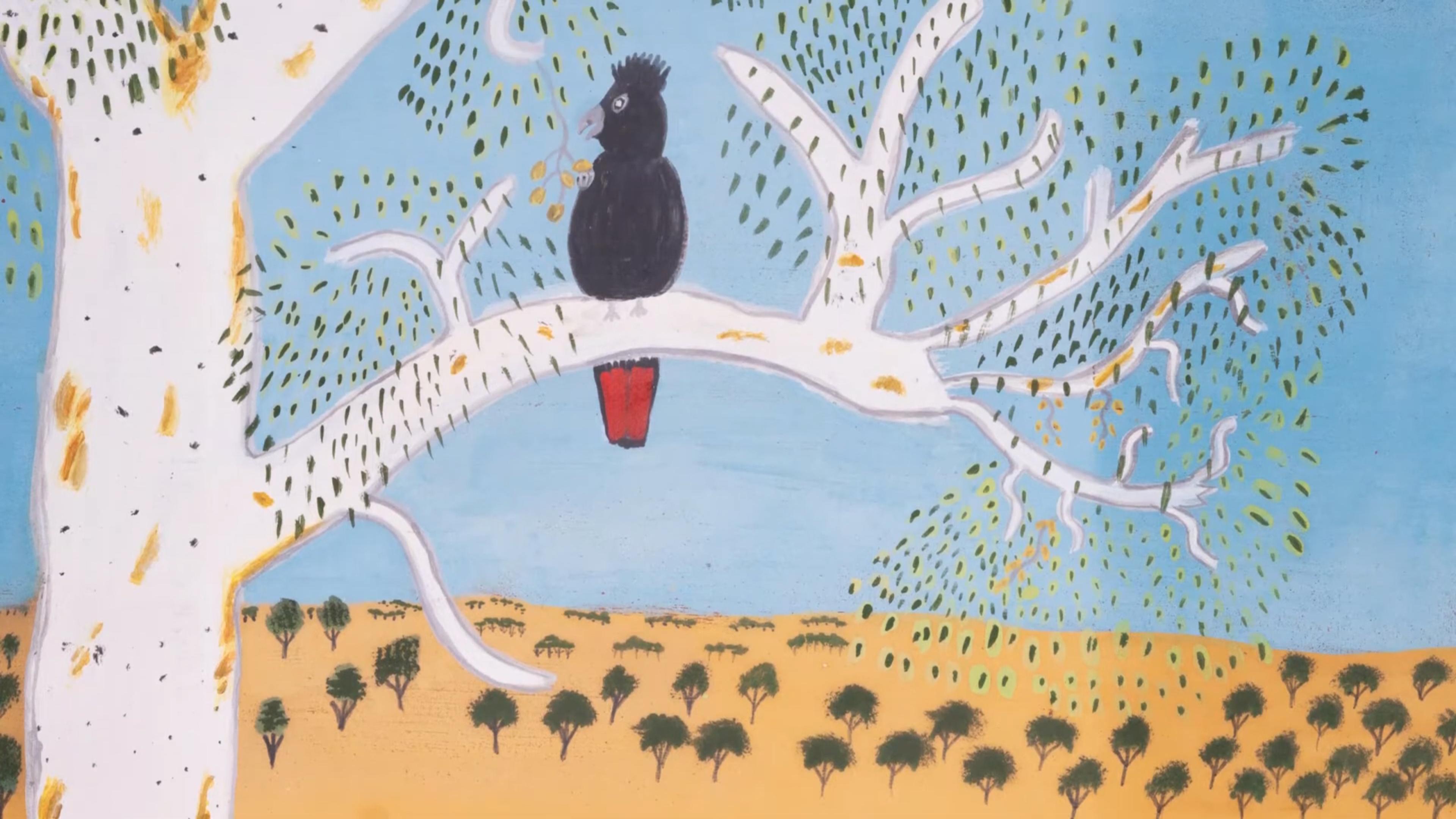 Painting of a black bird with a red tail on a white tree branch set against a blue sky and yellow landscape.