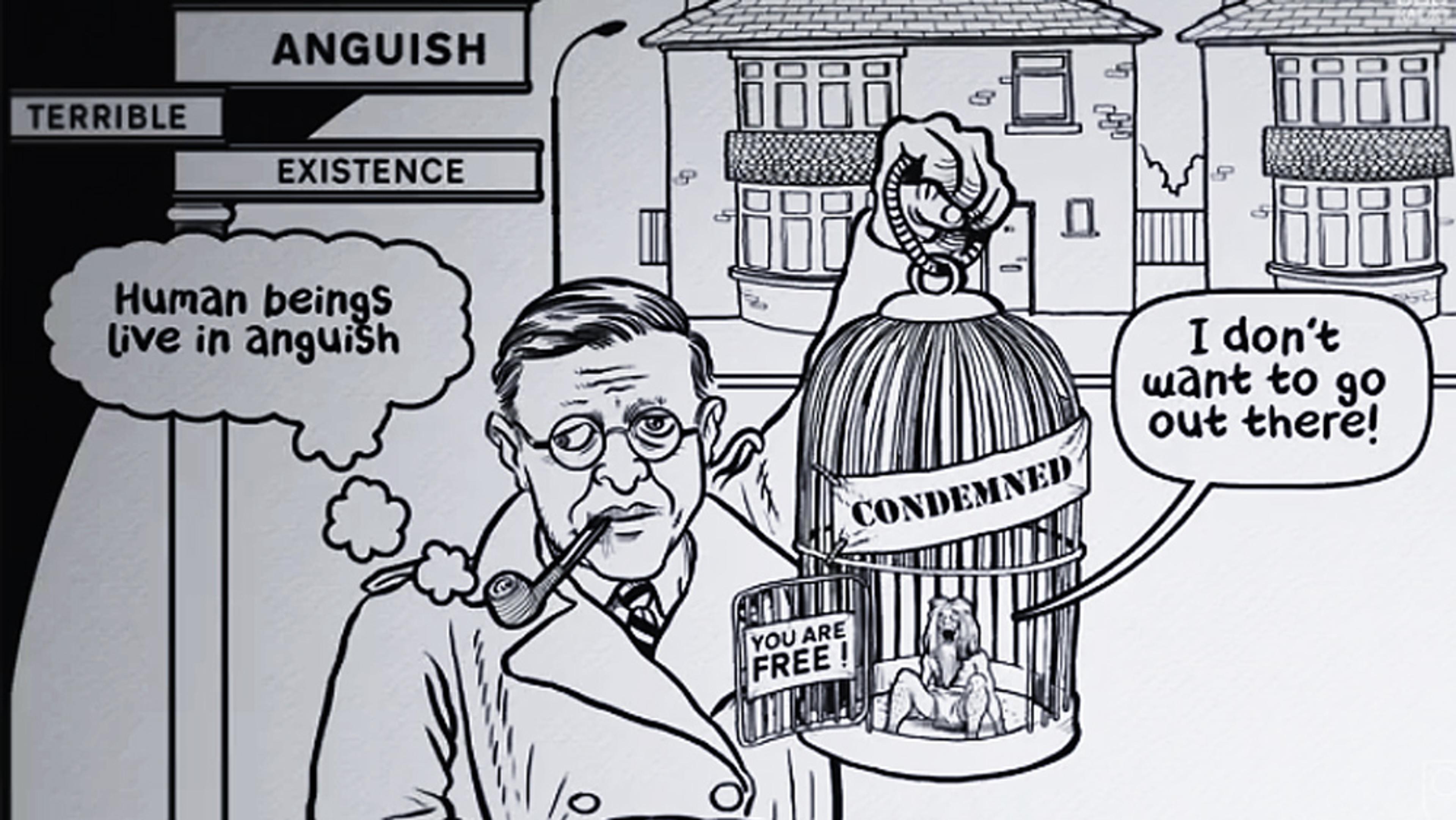Black and white cartoon of a man with a pipe holding a cage labelled “Condemned.” A small figure inside says, “I don’t want to go out there.”