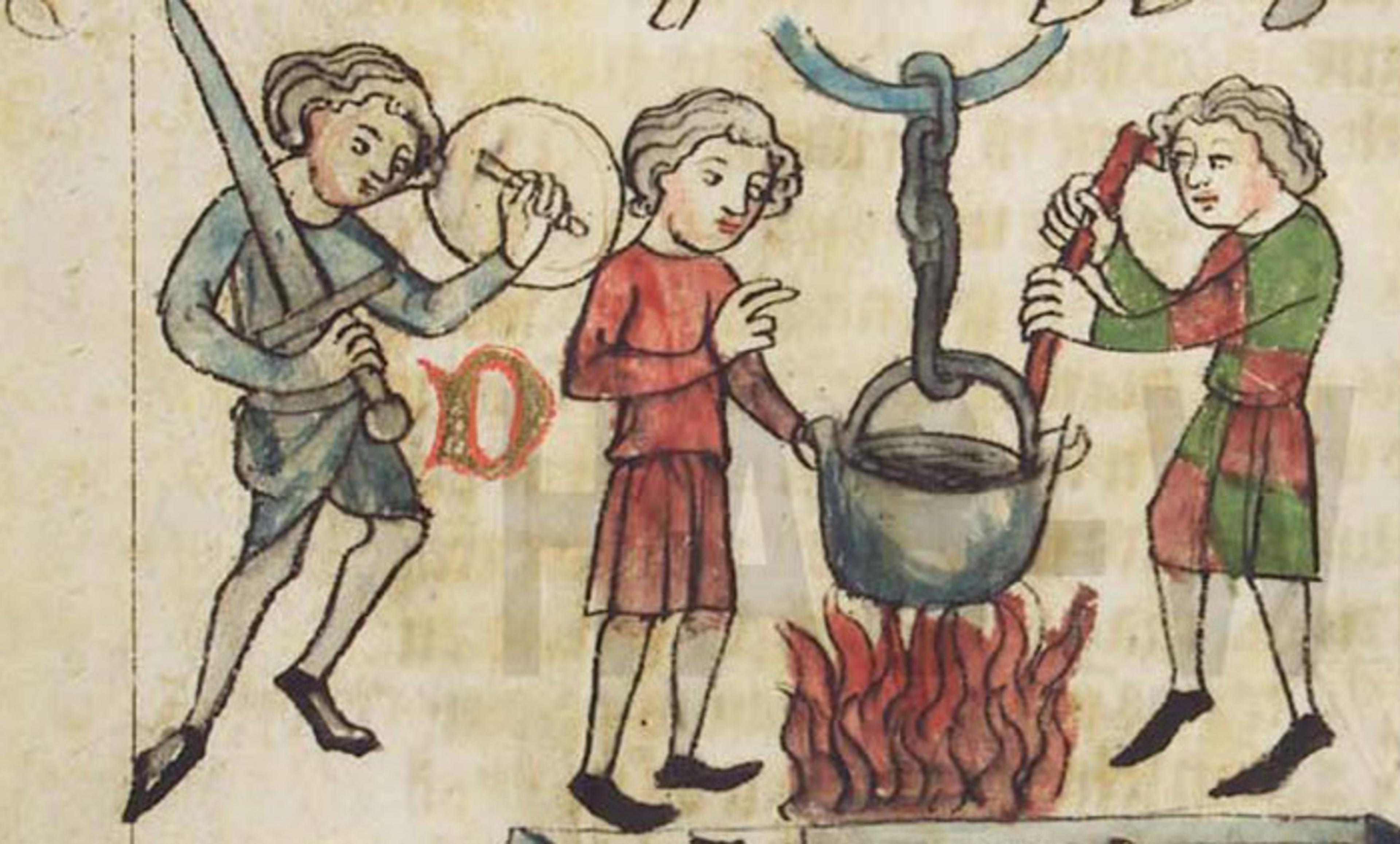 Medieval painting of three individuals in robes, one holding a sword and shield, another stirring a pot over a fire, while the third person watches on.
