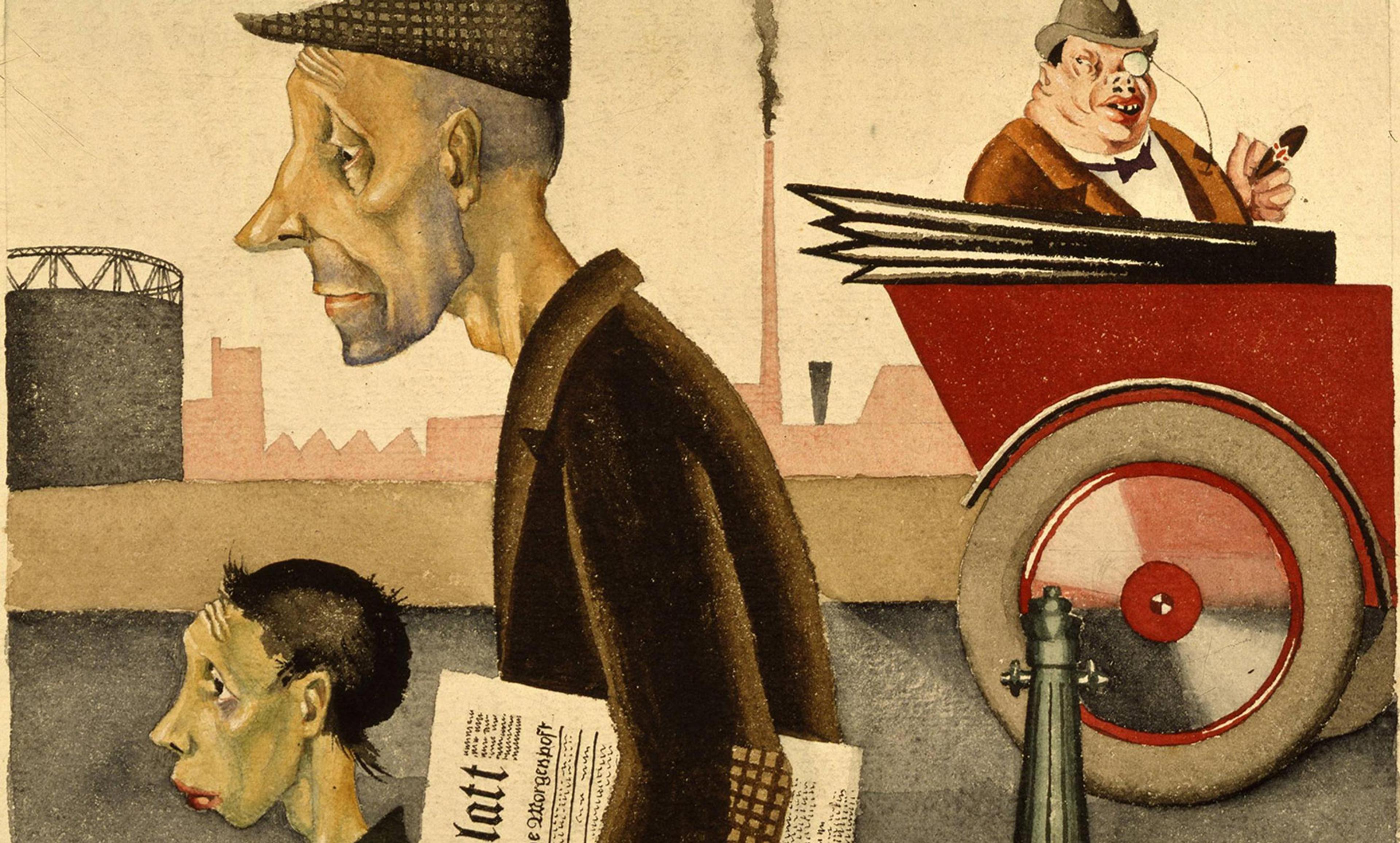 Painting showing three characters: a poor man, a child holding a newspaper and a rich man in a car smoking a pipe, industrial backdrop.