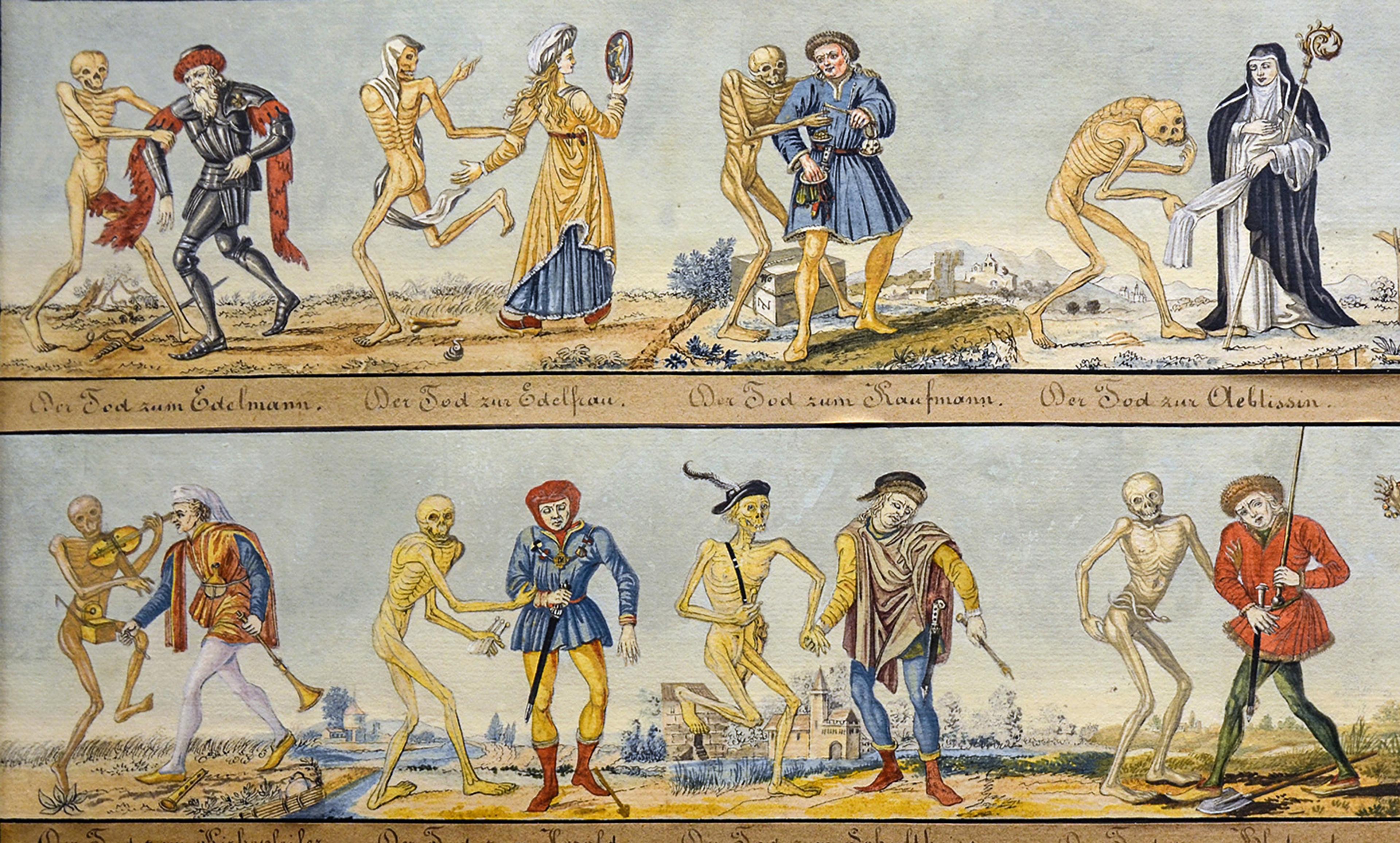 Painting of skeletons engaging with people in various scenes, set against a countryside background, featuring German text.
