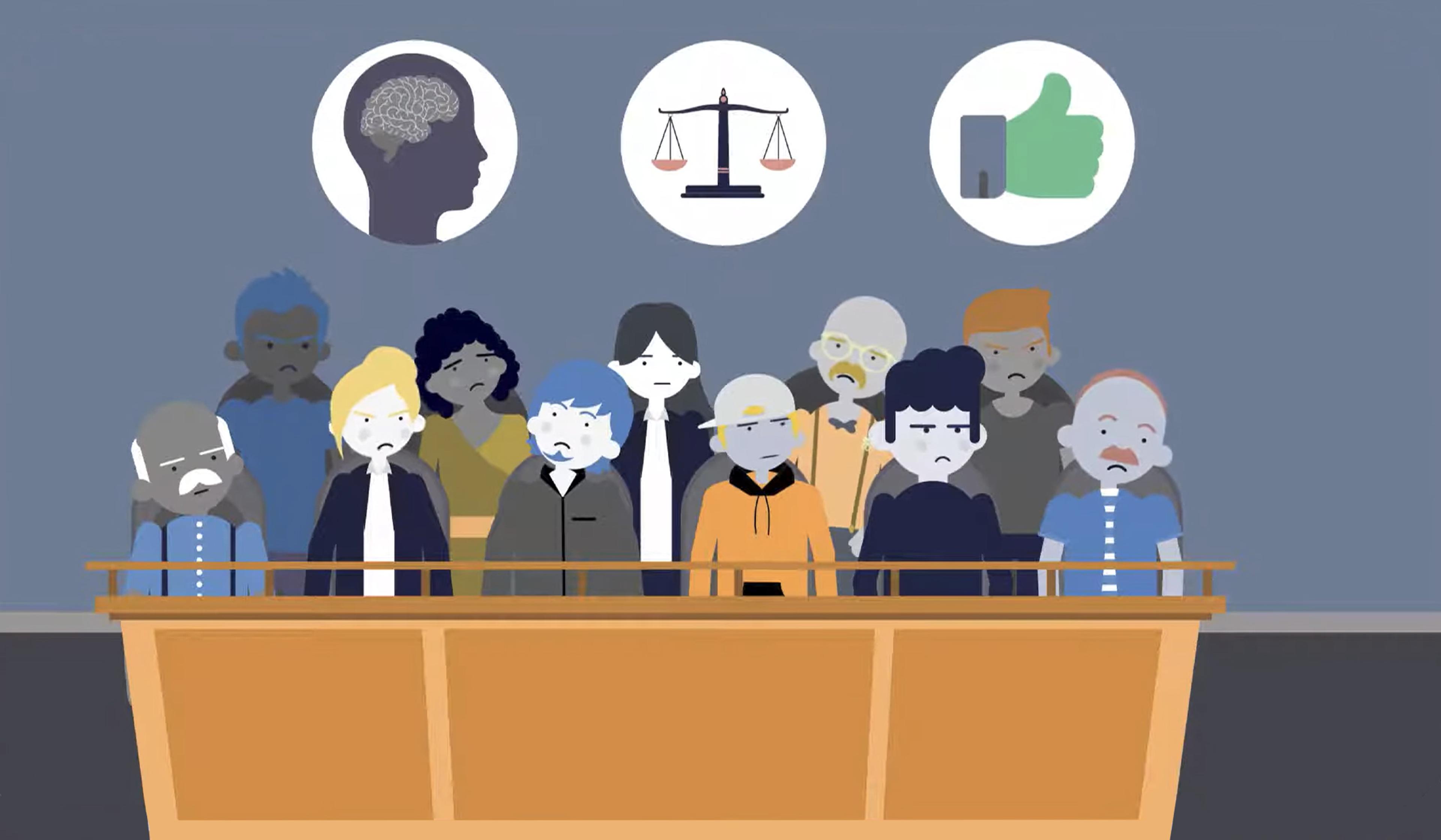 Illustration of a diverse jury panel with thought bubbles showing a brain, scales of justice, and thumbs-up symbol above their heads.