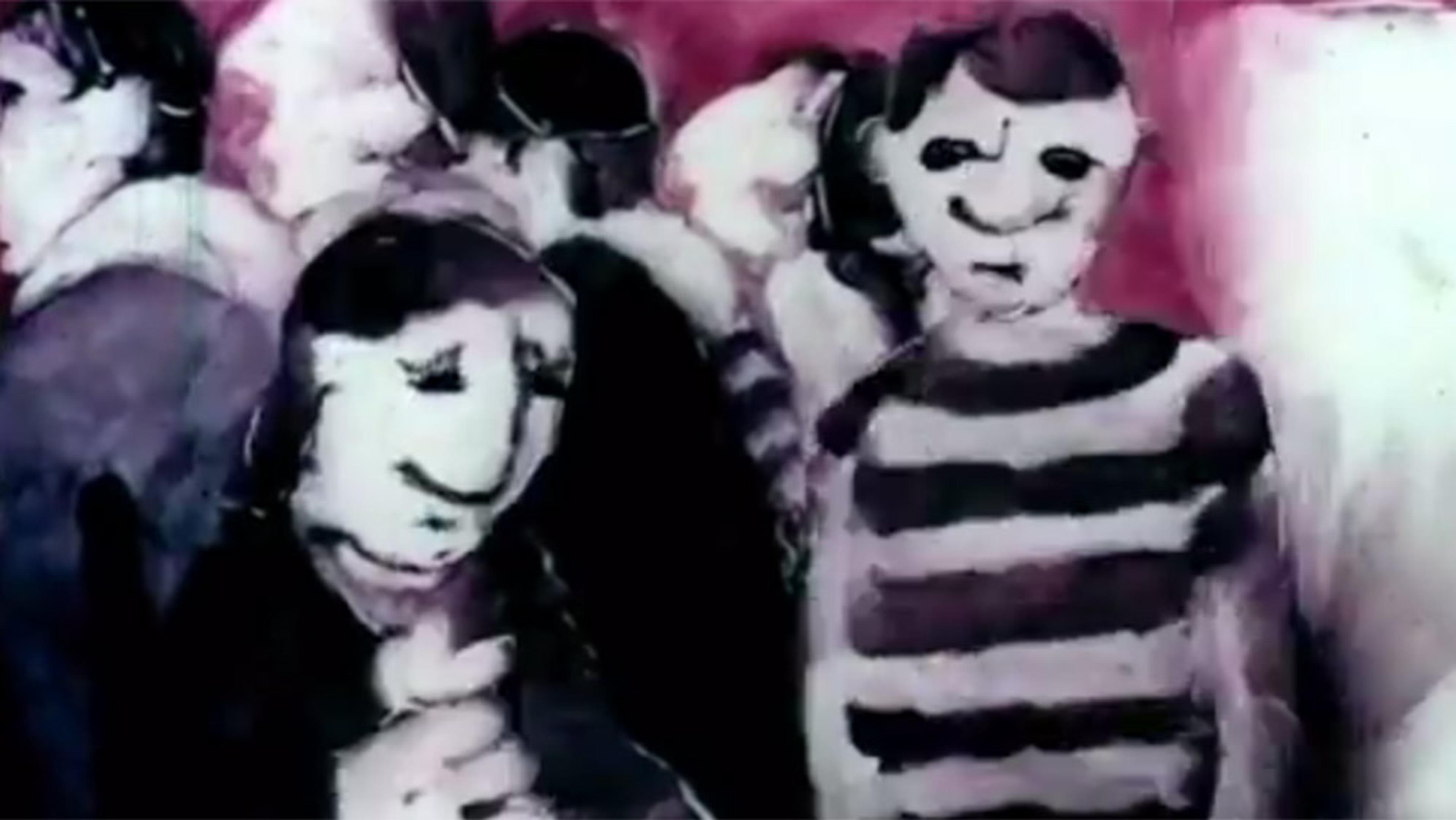 Painting of abstract human figures with white faces in a crowded setting, one wearing stripes, with a pinkish background.