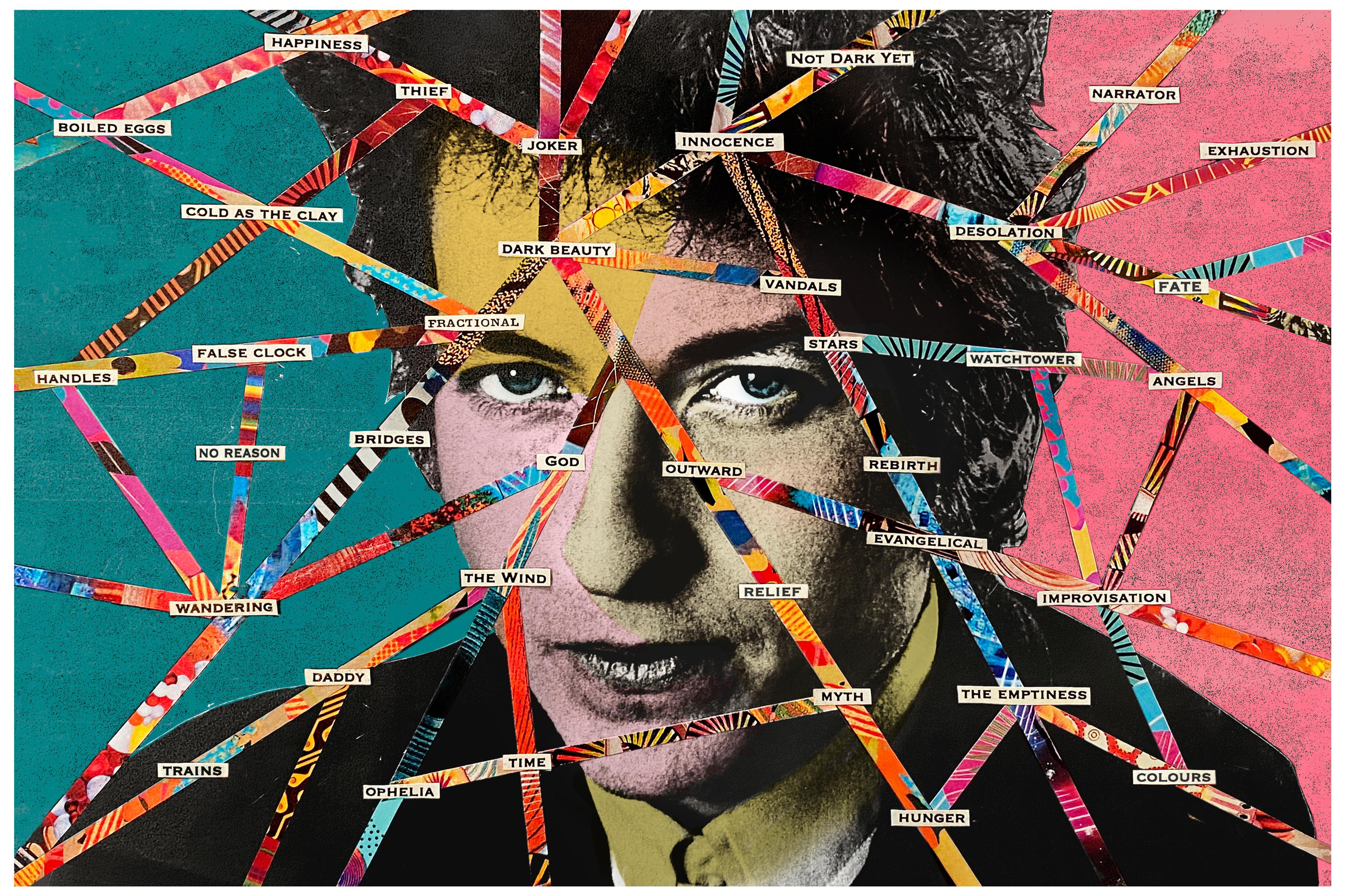 Collage art of a man’s face with colourful lines and words on a vibrant pink and teal background.
