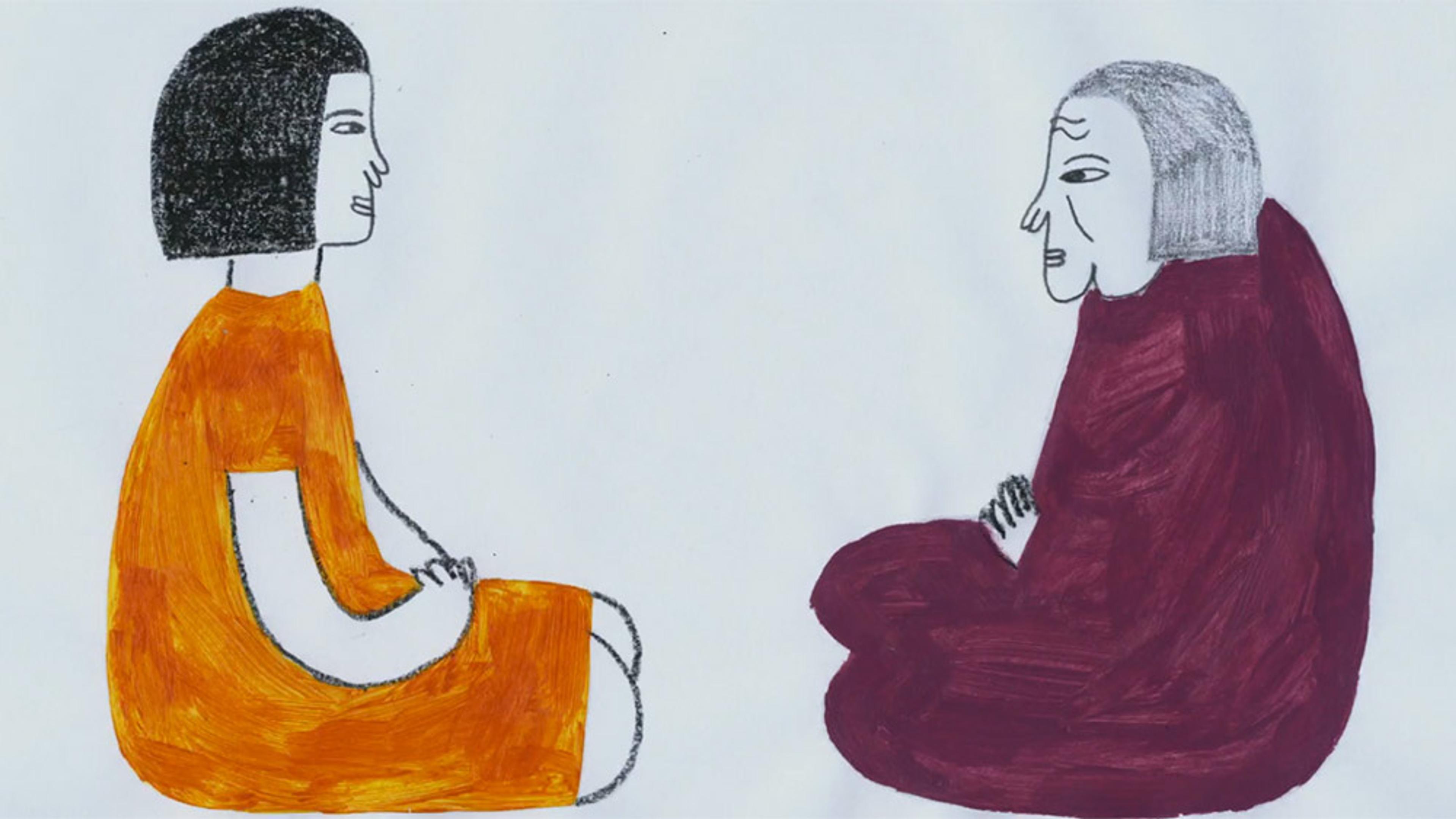 Simple, minimalist drawing of two women sitting facing each other. One is young and wears an orange dress, the other is old and has a maroon cloak.